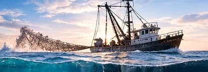 Illustration of a trawler on the ocean at sunset.