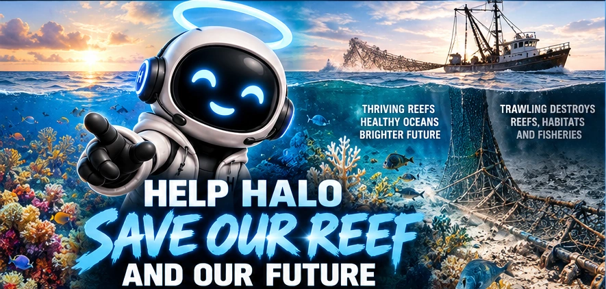 Halo pointing at the viewer, a reef, and a shrimp trawler dragging a net at sunset. The headline is in the page heading.