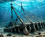 Illustration of a bottom trawl net with chains and heavy doors on the seabed.