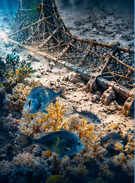 Illustration of a trawl net above coral rubble.